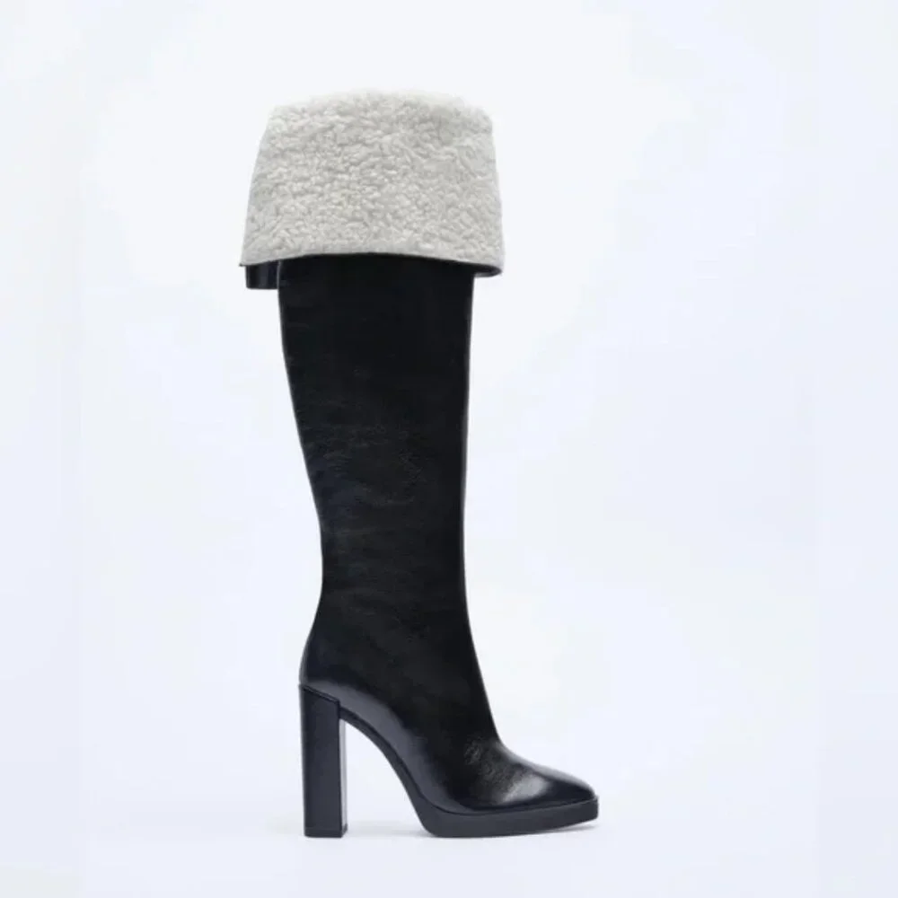 Zara Over The Knee Leather Boots with Faux Shearling Lining